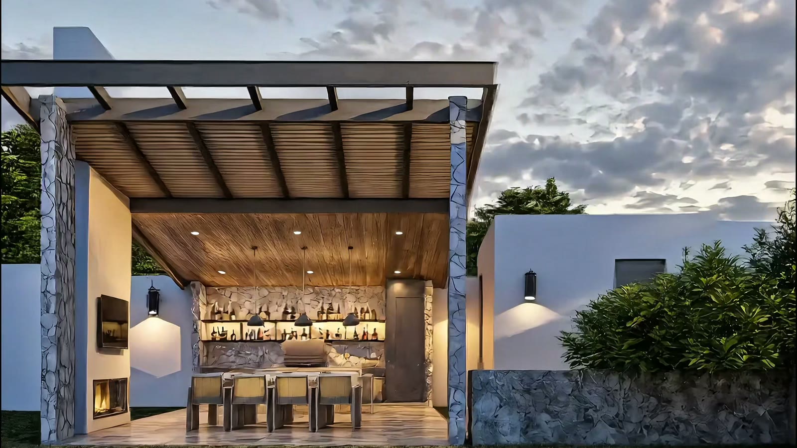 Área campestre con pérgola, asador y chimenea al anochecer